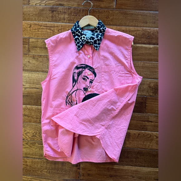 Prada Shirt Button Down Comic Print Pink Black Rosa + Ferro Size 8 (44 Italian) - Picture 14 of 16